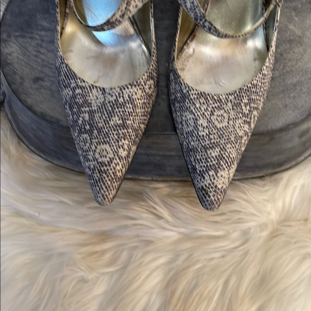 #0177 Nine West Cream &  Gray Snakeskin Heels w/ Open Side & Mary Jane Strap-6 - Picture 6 of 12